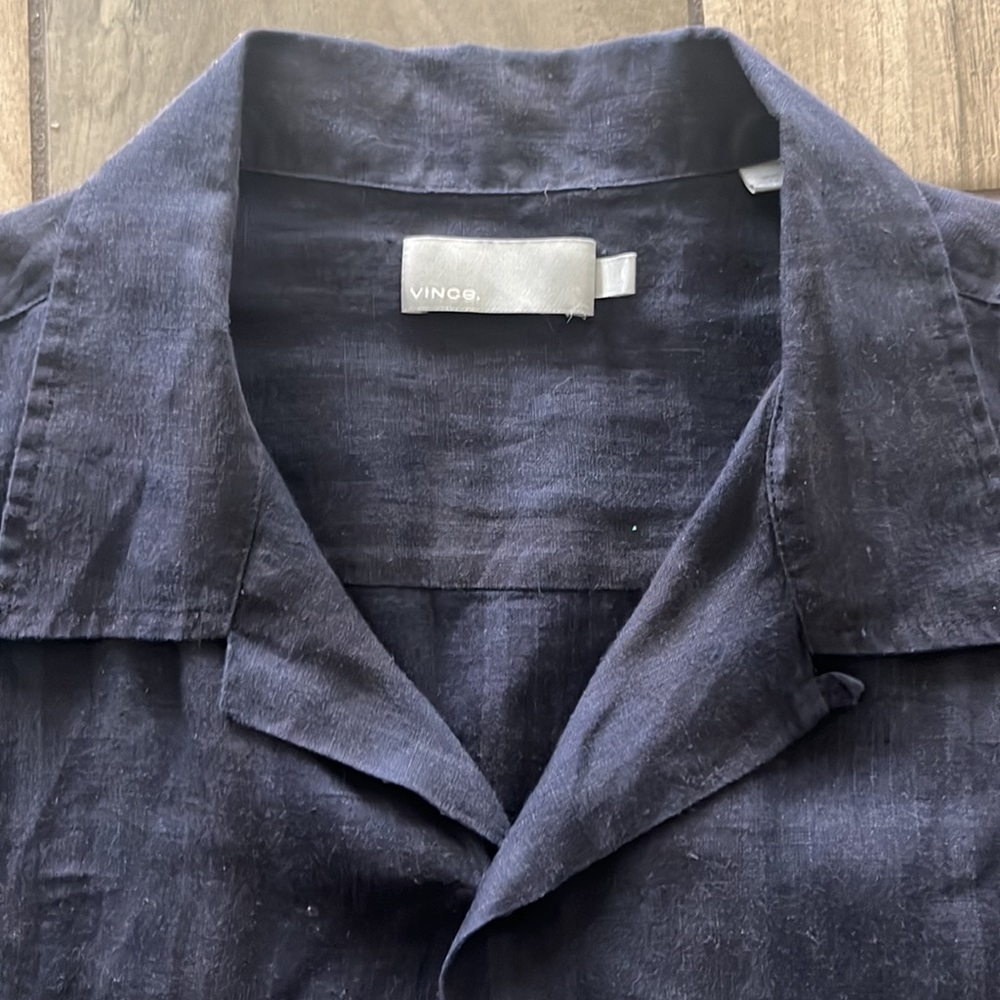 Vince 100% linen cropped camp blue plaid shirt, size Large